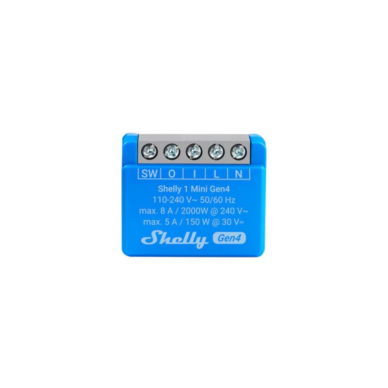 Shelly 1 Mini Gen4 blue compact smart relay module with Wi-Fi Zigbee Bluetooth and Matter connectivity for in-wall installation