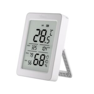 SONOFF AirGuard TH SNZB-02DR2 bijeli Zigbee senzor temperature i vlažnosti s 3,6 inčnim LCD zaslonom, pogled sprijeda s prikazanim mjerenjima temperature i vlažnosti